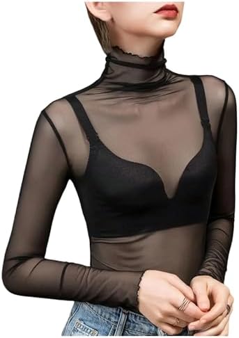 WSLCN Women's Basic Long Sleeve Mesh Sheer Tops Transparent